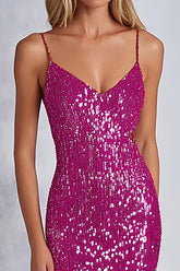 Glitzerndes Pailletten Fuchsia Spaghettiträger Etui Ballkleid